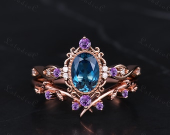 Art Deco Oval London Blue Topaz Bridal Ring Set Vintage Amethyst Leaf Engagement Ring Antique Women Promise Anniversary Ring Unique Gift