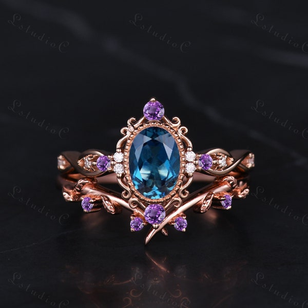 Art Deco Oval London Blue Topaz Bridal Ring Set Vintage Amethyst Leaf Engagement Ring Antique Women Promise Anniversary Ring Unique Gift