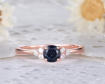 Dainty Blue Sandstone Silver 14k Rose Gold Women Engagement Ring Cluster CZ Diamond Wedding Band Minimalist Promise Statement Bridal Gift