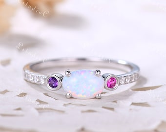 Opal Amethyst Ruby Ring Fire Opal Rose Gold Engagement Ring Women Birthstone Wedding Ring Dainty Bridal Ring Sterling Silver Vintage Ring