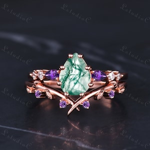 Pear Shaped Cut Moss Agate Engagement Ring Set Vintage Amethyst Leaf Wedding Band Art Deco Gemstone Bridal Ring Set Unique Gift for Women