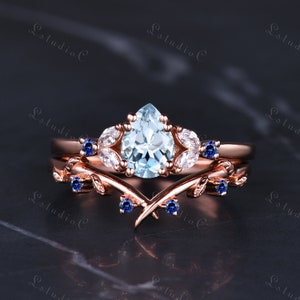 Pear Shaped Cut Aquamarine Engagement Ring Set 14k Rose Gold Art Deco Blue Sapphire Leaf Wedding Ring Band Marquise Moissanite Ring for her