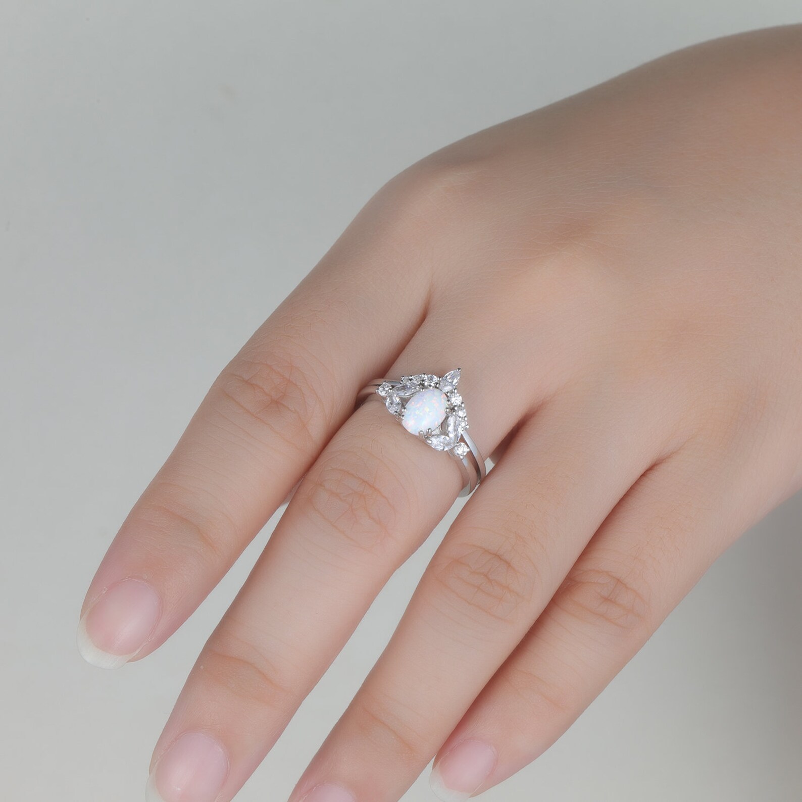 White Fire Opal Wedding Ring Set 14k Sterling Silver White Etsy