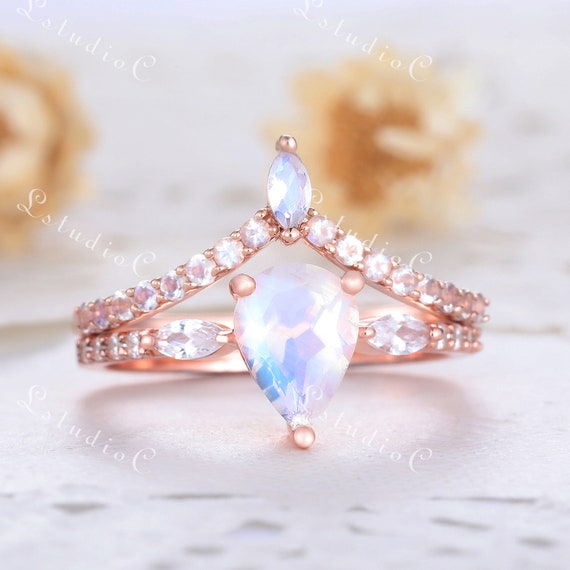 Solitaire Pear Shaped Rainbow Moonstone Bridal Ring Set Rose Gold Wedding Engagement Rings Art Deco Vintage Women Statement Anniversary Gift