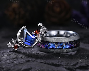 Vintage Kite Cut Blue Sapphire Moon Leaf Couple Ring Set Galaxy