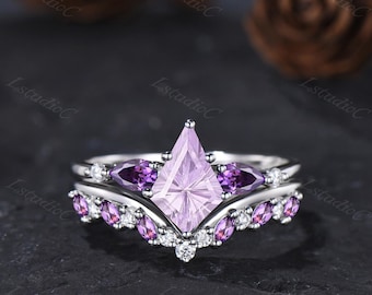 Kite Shape Firework Cut Purple Lavender Sapphire Amethyst Engagement Ring Set White Gold Purple Stones Wedding Ring Set Purple Gemstone Ring