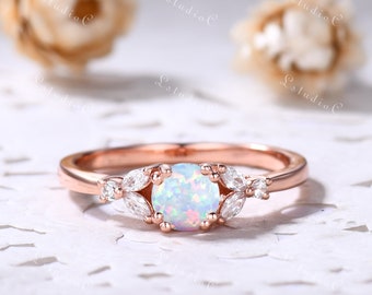 Dainty Opal Engagement Ring Vintage Fire Opal Ring Rose Gold Marquise Moissanite Ring Unique Ring Women Bridal Ring Sterling Silver