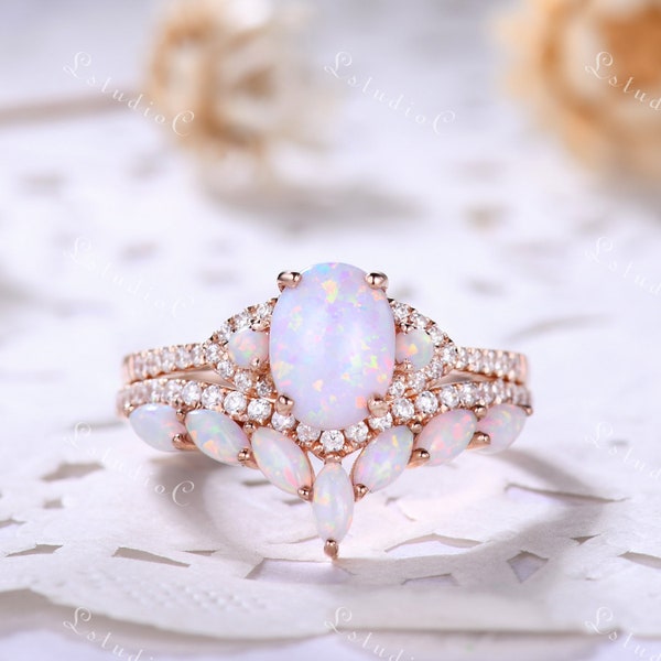 Fire Opal Ring Set Rose Gold White Opal Engagement Ring Set Marquise Opal Ring Set Vintage Opal Ring Set Sterling Silver Promise Ring Set