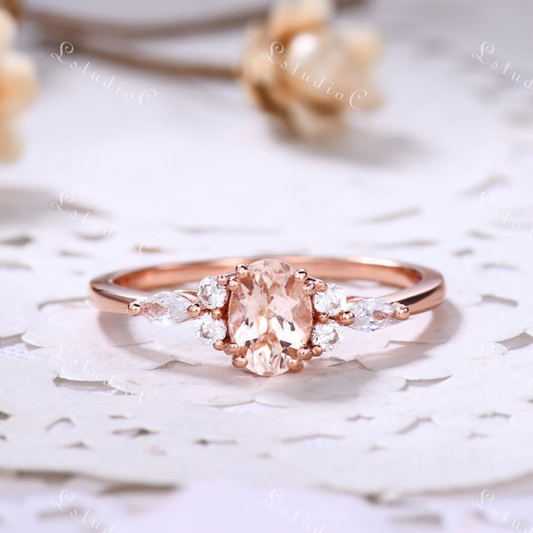 Oval Morganite Engagement Ring Rose Gold Marquise Moissanite Wedding Ring Vintage Morganite Ring Unique Ring Promise Ring Anniversary Ring