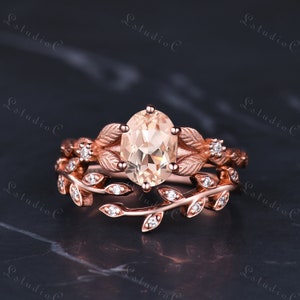 Vintage Oval Cut Pink Morganite Art Deco Engagement Ring Set 14k Rose Gold Unique Leaf Diamond Wedding Ring Set Unique Twig Vine Bridal Ring