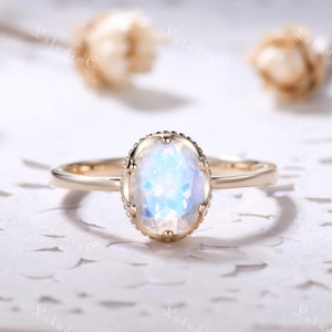Oval Blue Moonstone Ring Faceted Rainbow Moonstone Engagement Ring Bezel June Birthstone Ring Solitaire Vintage Promise Ring for Women