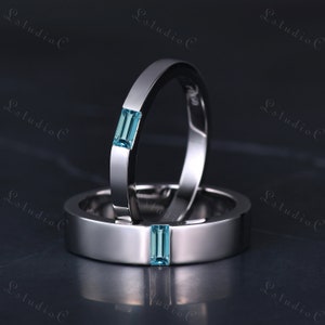 Baguette Cut Blue Topaz Couple Wedding Ring Set Solid White Gold Mens Plain Gold Band Women Solitaire Stacking Matching Ring Minimalist Gift