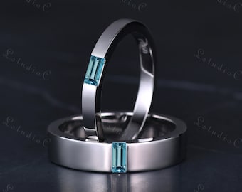 Baguette Schnitt Blautopas Paar Hochzeit Ring Set Massiv Weißgold Herren schlicht Goldband Frauen Solitär Stapeln Passender Ring Minimalistisches Geschenk
