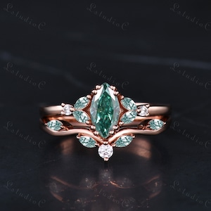 Marquise Shaped Cut Green Moissanite Ring Set Rose Gold Dainty Moss Agate Moissanite Cluster Engagement Bridal Set Unique Nature Inspired