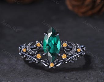 Antique Gothic Marquise Cut Emerald Black Gold Ring Set Celestial Citrine Star Moon Nature Inspired Ring May Birthstone Leaf Twig Ring