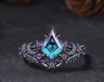 Unique Gothic Kite Cut Alexandrite Amethyst Engagement Ring Set Celestial Black Gold Star Moon June Birthstone Leaf Twig Bridal Ring Set