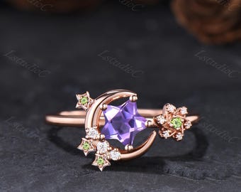 Unique Star Shape Amethyst Peridot Celestial Engagement Ring Rose Gold Crescent Moon Ring Purple Green Gemstones Ring Birthstone Ring