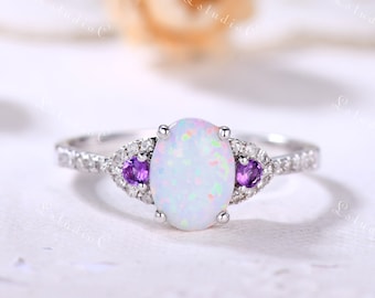 Fire Opal Ring Amethyst Ring Rose Gold Opal Amethyst Engagement Ring Unique Opal Ring Vintage Ring Sterling Silver Ring Wedding Ring