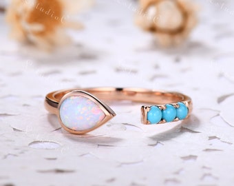 Unique Opal Wedding Band Pear cut Opal Engagement Ring Rose Gold Turquoise Ring Open Ring Stackable Ring Birthstone Ring Anniversary Ring