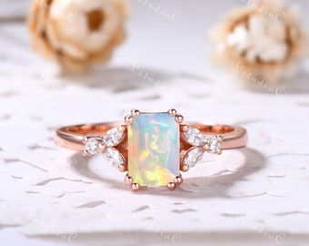 Emerald Cut Opal Engagement Ring Vintage Fire Opal Ring Rose Gold Marquise Moissanite Ring Unique White Opal Ring Dainty Women Ring Silver