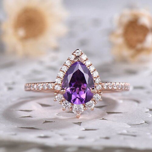 Pear Shaped Amethyst Rose Gold Wedding Engagement Ring CZ | Etsy