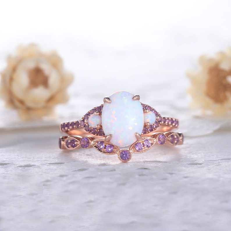 White Opal Amethyst Engagement Ring Set Silver Rose Gold Oval Fire Opal Wedding Ring Set 3 Stone Bridal Set Birthstone Ring for Women image 7