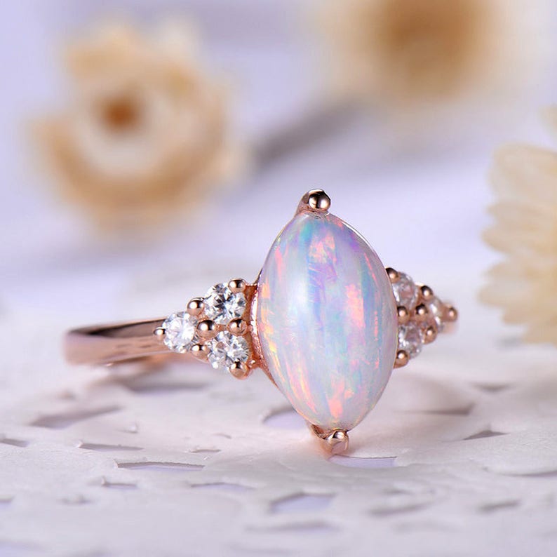 Rose Gold Unique Vintage Engagement Rings, Opal Engagement Ring Marquise Cut Cluster CZ Diamond