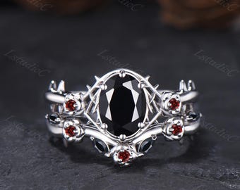Unique Gothic Oval Cut Black Onyx Rose Floral Engagement Ring Set Silver White Gold Garnet Flower Thorn Dark Fantasy Ring Gift for Her