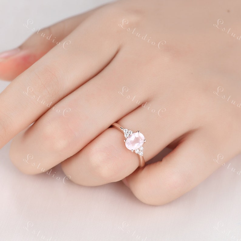 Natural Oval Rose Quartz Engagement Ring Sterling Silver Dainty Quartz Ring Vintage Gemstone Ring Women Unique Wedding Promise Ring image 6