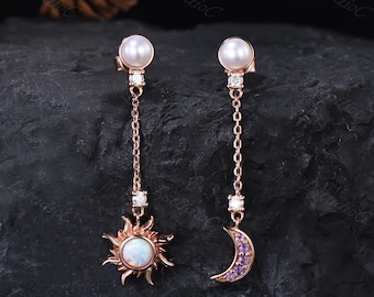 Opal Amethyst Drop Dangle Earrings Rose Gold Sun Moon Pearl Moissanite Earrings Unique Celestial Cosmic Earrings Purple Stones Earrings