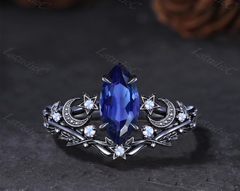Unique Marquise Cut Blue Sapphire Gothic Black Gold Ring Set Star Moon Celestial Moonstone Accent Bridal Set September Birthstone Jewelry