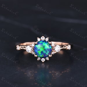 Dainty Round Cut Black Opal Engagement Ring 14k Rose Gold Fire Opal Diamond Ring Handmade Vintage Gemstone Ring Cocktail Women Promise Ring