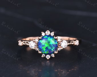 Dainty Round Cut Black Opal Engagement Ring 14k Rose Gold Fire Opal Diamond Ring Handmade Vintage Gemstone Ring Cocktail Women Promise Ring