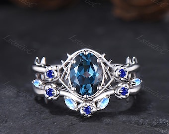 Vintage Gothic Oval Cut London Blue Topaz Rose Engagement Ring Set Sterling Silver Blue Sapphire Moonstone Flower Thorn Fantasy Jewelry