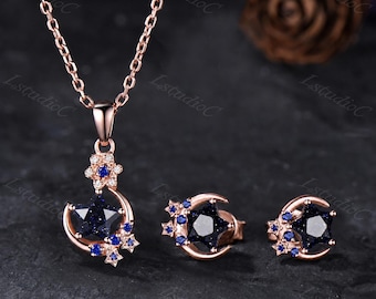 Star Shape Cut Blue Sandstone Pendant Necklace Stud Earrings Jewelry Set Rose Gold Blue Sapphire Celestial Star Moon Unique Gift for Her