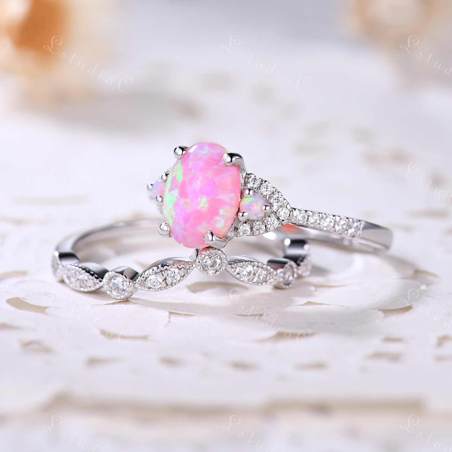 Matching Opsite Rings Oval Cut Pink Opal Engagement Ring Set Silver White Gold Fire Opal ...