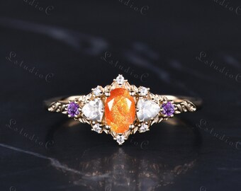 Natural Oval Orange Sunstone Engagement Ring Yellow Gold Amethyst Trillion Cut Moissanite Ring Unique Leaf Ring Vintage Promise Ring Women