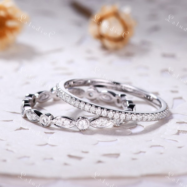 2pcs Moissanite White Gold Wedding Band Set Full Eternity Engagement Ring Bridal Set Vintage Marquise Ring Dainty Ring for Women Jewelry