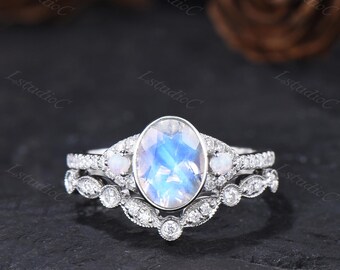 Oval Cut Blue Moonstone White Gold Ring Set Silver Opal Moissanite Ring Set June Birthstone Bezel Ring Cluster Stones Bridal Ring Set