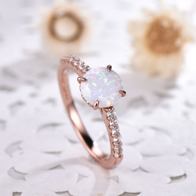 Opal Silver 14k Rose Gold Engagement Ring CZ Diamond Art Deco Filigree Vintage Eternity Solitaire Birthstone Promise Anniversary Gift Bridal