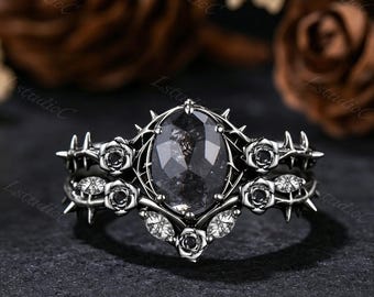 Oval Salt and Pepper Diamond Gothic Ring Set Unique Black Gold Flower Thorn Black Rutilated Quartz Onyx Ring Fantasy Black Stones Ring