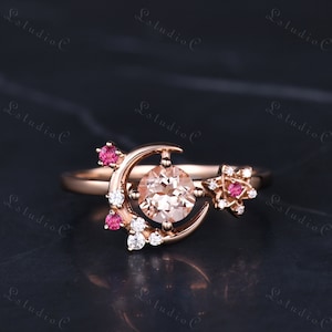 Vintage Round Cut Morganite Star Engagement Ring 14k Rose Gold Unique Moon Pink Tourmaline Ring Art Deco Moissanite Ring Promise Ring Women