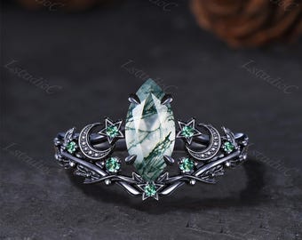 Gothic Marquise Cut Moss Agate Celestial Ring Set Black Gold Emerald Star Moon Wedding Bridal Set Nature Inspired Green Stone Leaf Twig Ring