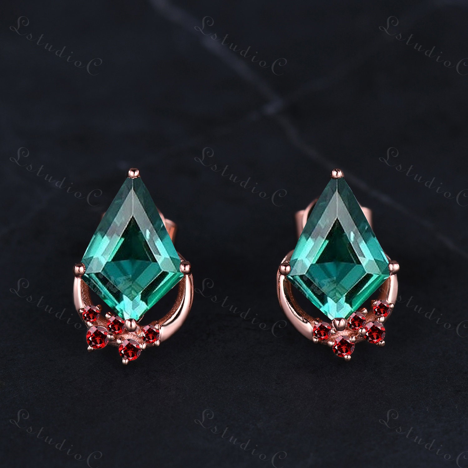 Vintage Kite Cut Green Emerald Stud Earrings Rose Gold Cluster Garnet Moon Dainty Earrings Women Unique Promise Anniversary Gift for her