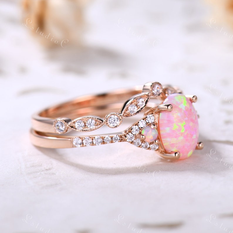 Oval Cut Pink Opal Ring Set 14k Rose Gold Vintage Fire Opal Moissanite Wedding Bridal Ring Set October Birthstone Jewelry Gift for Women image 5