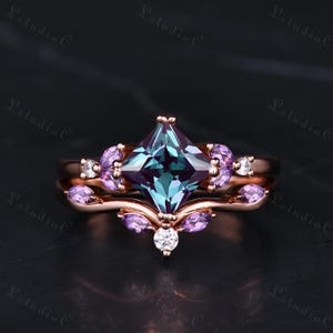 Princess Cut Alexandrite Amethyst Engagement Ring Set 14k Rose Gold Marquise Moissanite Stacking Ring Color Change Gemstone Bridal Set Women