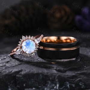 Vintage Moonstone Couple Ring Set Rose Gold Black Tungsten Wedding Band for His and Her Promise Bridal Set Anniversary Gift for Women Men