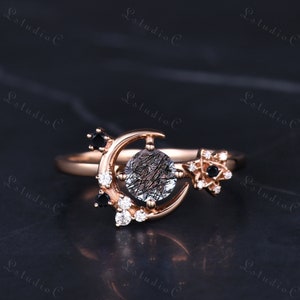 Vintage Round Cut Black Rutilated Quartz Moon Engagement Ring Unique Onyx Star Art Deco Ring Dainty Black Stone Ring Anniversary Gift
