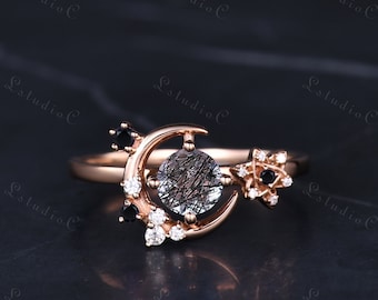 Vintage Round Cut Black Rutilated Quartz Moon Engagement Ring Unique Onyx Star Art Deco Ring Dainty Black Stone Ring Anniversary Gift