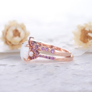 White Opal Amethyst Engagement Ring Set Silver Rose Gold Oval Fire Opal Wedding Ring Set 3 Stone Bridal Set Birthstone Ring for Women image 5